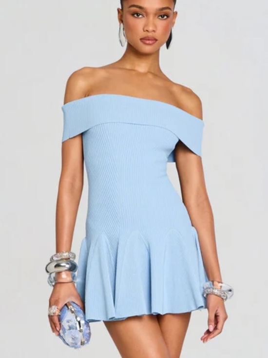 Retrofete Dresses & Skirts - Retrofete Erica metallic knit dress Off-Shoulder Light Blue Fit-and-Flare mini S